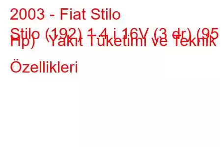 2003 - Fiat Stilo
Stilo (192) 1.4 i 16V (3 dr) (95 Hp) Yakıt Tüketimi ve Teknik Özellikleri