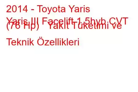 2014 - Toyota Yaris
Yaris III Facelift 1.5hyb CVT (76 Hp) Yakıt Tüketimi ve Teknik Özellikleri