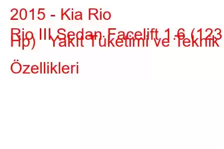 2015 - Kia Rio
Rio III Sedan Facelift 1.6 (123 Hp) Yakıt Tüketimi ve Teknik Özellikleri