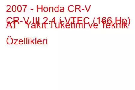 2007 - Honda CR-V
CR-V III 2.4 i-VTEC (166 Hp) AT Yakıt Tüketimi ve Teknik Özellikleri