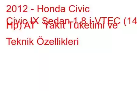 2012 - Honda Civic
Civic IX Sedan 1.8 i-VTEC (142 Hp) AT Yakıt Tüketimi ve Teknik Özellikleri