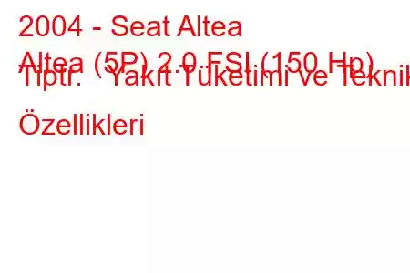 2004 - Seat Altea
Altea (5P) 2.0 FSI (150 Hp) Tiptr. Yakıt Tüketimi ve Teknik Özellikleri