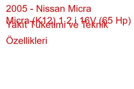 2005 - Nissan Micra
Micra (K12) 1.2 i 16V (65 Hp) Yakıt Tüketimi ve Teknik Özellikleri