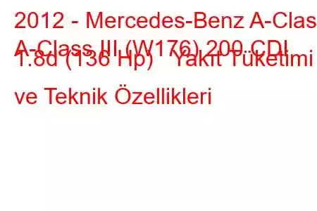 2012 - Mercedes-Benz A-Class
A-Class III (W176) 200 CDI 1.8d (136 Hp) Yakıt Tüketimi ve Teknik Özellikleri