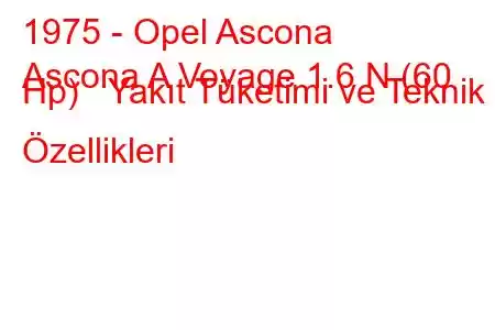 1975 - Opel Ascona
Ascona A Voyage 1.6 N (60 Hp) Yakıt Tüketimi ve Teknik Özellikleri