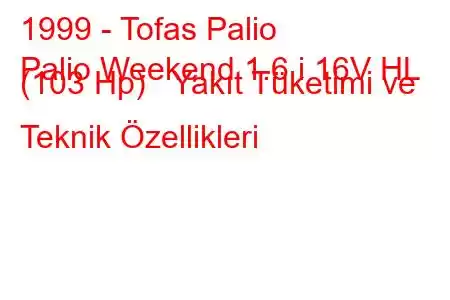 1999 - Tofas Palio
Palio Weekend 1.6 i 16V HL (103 Hp) Yakıt Tüketimi ve Teknik Özellikleri