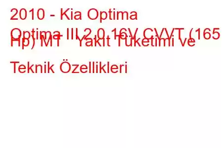 2010 - Kia Optima
Optima III 2.0 16V CVVT (165 Hp) MT Yakıt Tüketimi ve Teknik Özellikleri