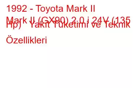 1992 - Toyota Mark II
Mark II (GX90) 2.0 i 24V (135 Hp) Yakıt Tüketimi ve Teknik Özellikleri