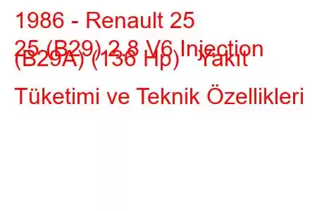 1986 - Renault 25
25 (B29) 2.8 V6 Injection (B29A) (136 Hp) Yakıt Tüketimi ve Teknik Özellikleri