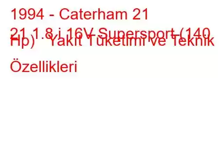 1994 - Caterham 21
21 1.8 i 16V Supersport (140 Hp) Yakıt Tüketimi ve Teknik Özellikleri