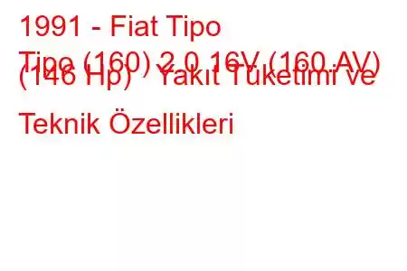 1991 - Fiat Tipo
Tipo (160) 2.0 16V (160.AV) (146 Hp) Yakıt Tüketimi ve Teknik Özellikleri