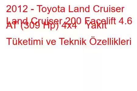 2012 - Toyota Land Cruiser
Land Cruiser 200 Facelift 4.6 AT (309 Hp) 4x4 Yakıt Tüketimi ve Teknik Özellikleri