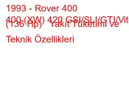 1993 - Rover 400
400 (XW) 420 GSI/SLI/GTI/Vite (136 Hp) Yakıt Tüketimi ve Teknik Özellikleri