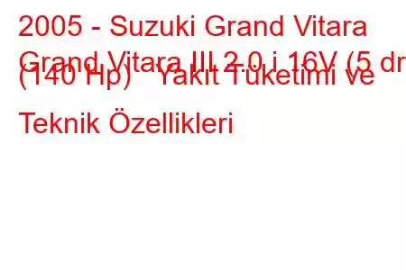 2005 - Suzuki Grand Vitara
Grand Vitara III 2.0 i 16V (5 dr) (140 Hp) Yakıt Tüketimi ve Teknik Özellikleri