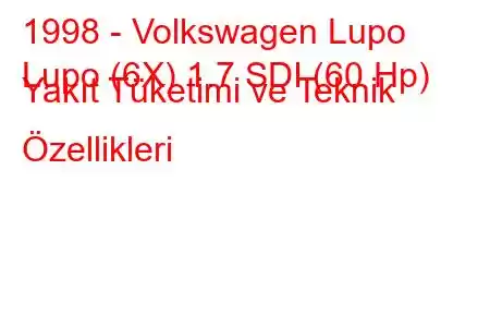 1998 - Volkswagen Lupo
Lupo (6X) 1.7 SDI (60 Hp) Yakıt Tüketimi ve Teknik Özellikleri