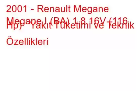 2001 - Renault Megane
Megane I (BA) 1.8 16V (116 Hp) Yakıt Tüketimi ve Teknik Özellikleri