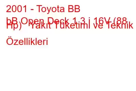 2001 - Toyota BB
bB Open Deck 1.3 i 16V (88 Hp) Yakıt Tüketimi ve Teknik Özellikleri