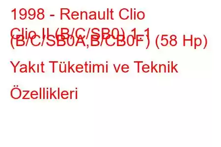 1998 - Renault Clio
Clio II (B/C/SB0) 1.1 (B/C/SB0A,B/CB0F) (58 Hp) Yakıt Tüketimi ve Teknik Özellikleri