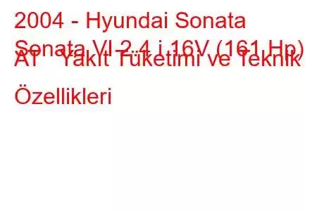 2004 - Hyundai Sonata
Sonata VI 2.4 i 16V (161 Hp) AT Yakıt Tüketimi ve Teknik Özellikleri