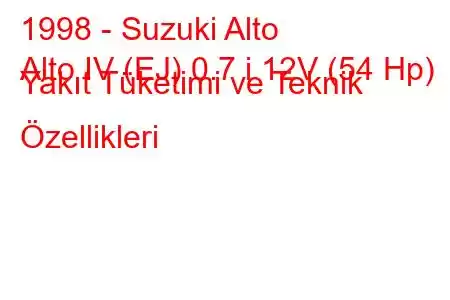 1998 - Suzuki Alto
Alto IV (EJ) 0.7 i 12V (54 Hp) Yakıt Tüketimi ve Teknik Özellikleri