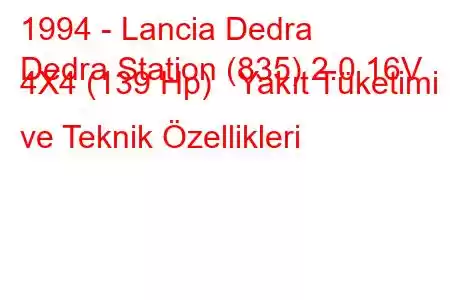 1994 - Lancia Dedra
Dedra Station (835) 2.0 16V 4X4 (139 Hp) Yakıt Tüketimi ve Teknik Özellikleri